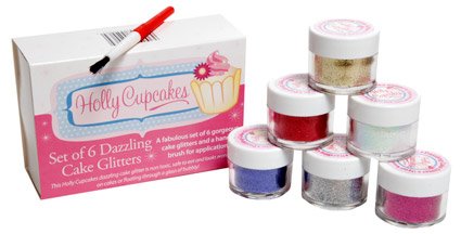 Set of 6 Holly Cupcakes Decorating Glitters with Application Brush: Silver, Gold, Iridescent White, Fuchia, Purple and Blue Cover