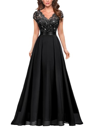 Miusol Women's Elegant V-Neck Cap Sleeve Sequined Floral Lace Formal Party Maxi Dress (Medium, D-Black)