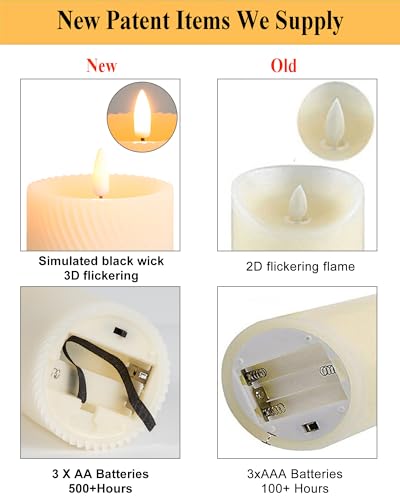 Image of Real Wax Flameless Candles LED Pillar Candles with Remote Timer Set of 3 | 3D Flame Effect Warm Flickering Glow 2 /4 /6 /8H Timer Ivory Wax Candles for Wedding, Christmas & Home Fireplace Decor
