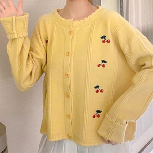Xunger Women's Cherry Embroidery Knit Cardigan Soft Lightweight Long Sleeve Sweater Coat Cute Loose-Fit Round Neck Blouse3
