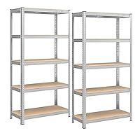 SONGMICS 5-Tier Heavy-Duty Shelving Units, Set of 2 Steel Shelving Units for Storage, Boltless Assembly, for Garage, Shed, Load Capacity 875 kg, 40 x 90 x 180 cm, Silver GLR040E02