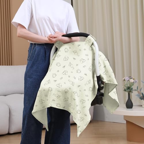 Image of 100% Muslin Cotton Car Seat Cover Baby, Carseat Canopy Cover, Universal Fit Stroller Covers for Boys and Girls (Cute Elephant)