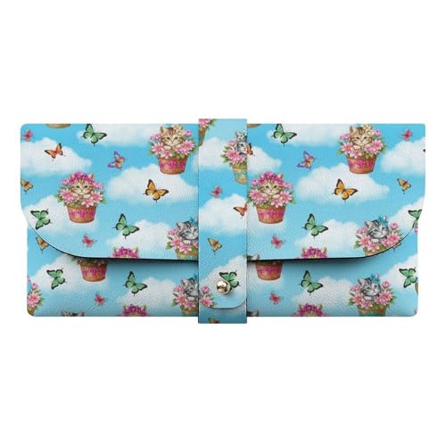 FOSKERV Womens Sunglasses Case, Compact Waterproof Eye Glasses Pouch PU Leather, Fashion Eyewear Storage Protective Case for Daily Use, Garden Wonder Kittens