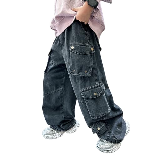 Boys Cargo Pants for Kids Comfortable Elastic Waist Loose Denim Trousers Casual Straight Fit Wide Leg Youth Jeans