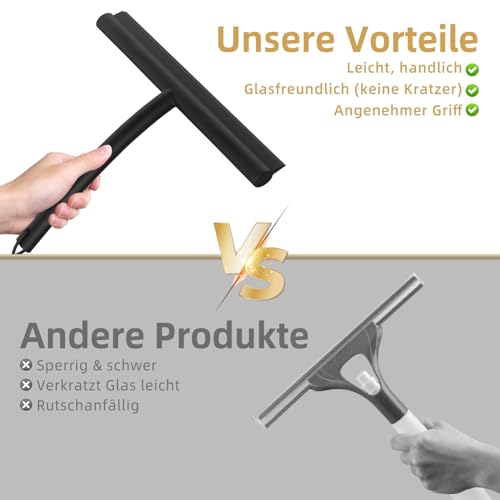 Brovamo Duschabzieher, Abzieher Dusche mit Halterung Ohne Bohren, Fensterabzieher Schlierenfreie für Glastür, Duschabzieher Silikon für Badezimmer Fenster Spiegel, Scheibenabzieher [Schwarz]