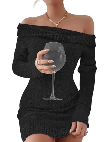 Caracilia Women's Off The Shoulder Sweater Mini Dress Long Sleeve Fuzzy Fleece Bodycon Cocktail Party 2025 Fall Short Dresses Small Black