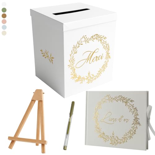 Un Jour En Or - Pack Signature Blanc et Or : 4 éléments (Urne Merci, Livre d’or, Stylo encre doré, Chevalet en bois) pour mariage, baptême, anniversaire,...