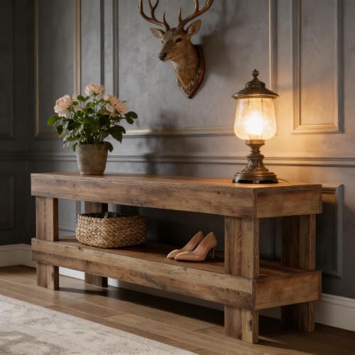 Image of Softa 59 Inch Entryway Bench with Shoe Storage Shelf, 2-Tier Shoe Seat with 3.35 Inch Thickened Top, Long Farmhouse End of Bed Bench for Bedroom, Hallway, Living Room or Dining Room
