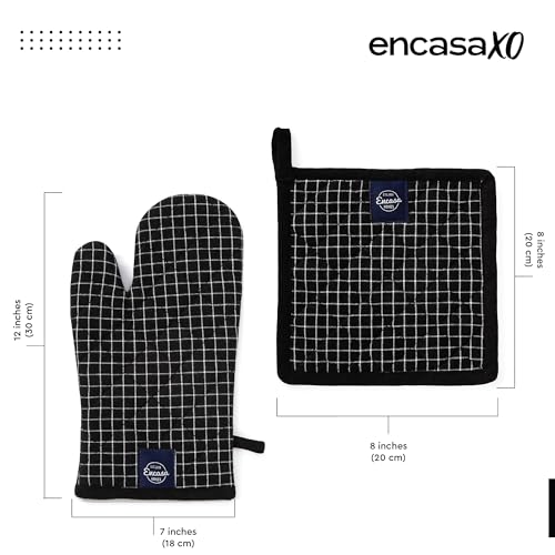 Image of Encasa XO Heat Resistant 100% Cotton Oven Glove & Potholder Set with Loop, Kitchen Cooking Mittens, Microwave Safe Hot Pads (Butcher Checks Black)