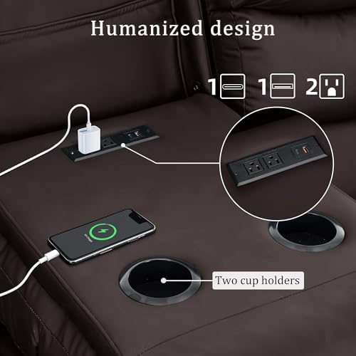 Korser Recliner Sofa, Reclining Loveseat with Console, Oversized Reclining Couch with Drop Down Table, 3-Seater Sofa with Cup Holder and Recessed Power Strip, Brown - image 4