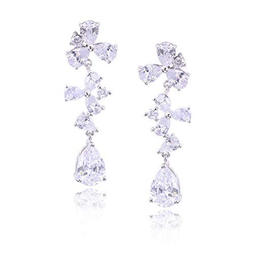 CZ Wedding Bridal Party Prom Earrings Pear-shaped Crystal Cubic Zirconia Rhinestone Teardrop Floarl Cluster Chandelier Long Dangle Statement Earrings