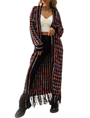 CXINS Women Boho Long Cardigan Sweater Long Sleeve Open Front Fringe Tassel Hem Colorful Rainbow Knit Maxi Sweaters Coat
