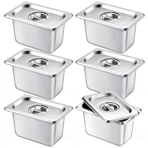 Image of Mifoci 6 Pack Stainless Steam Hotel Pan with Lid, 1 /9 Size x 4 Inch Deep Steam Table Pan Restaurant Supplies Reusable Anti Rust Catering Storage for Home, Party, Restaurant, Hotel, Buffet