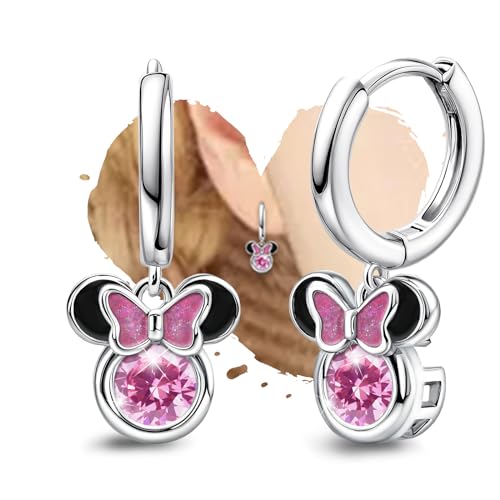 Generic Hoop Earrings for Girls Cute - Sterling Silver Huggie Earrings with Pink Cubic Zirconia Dangle Hypoallergenic Mouse Earrings Hoops for Women Teens Jewelry Gifts