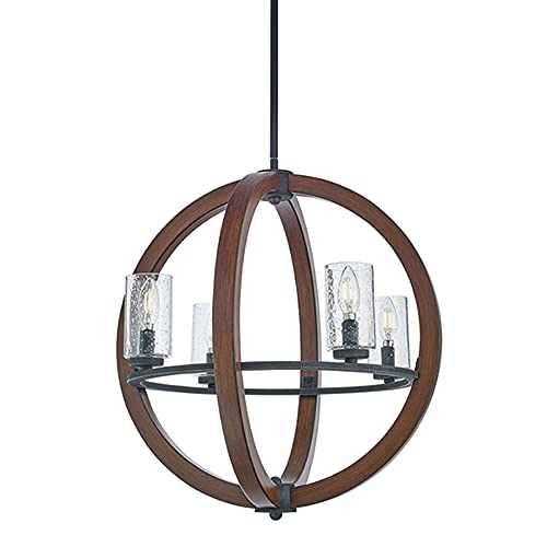 Kichler Grand Bank 21.5" 4 Light Chandelier With Clear Seeded Glass In Auburn Stained Wood And Distressed Black Metal #TOP4