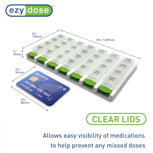 Image of EZY DOSE Weekly (7 Day) 4 Times a Day Push Button Pill Organizer and Vitamin Planner, Removable Daily Pillboxes, Green, Convenient and Easy to Use, Clear Lids, Large, BPA Free