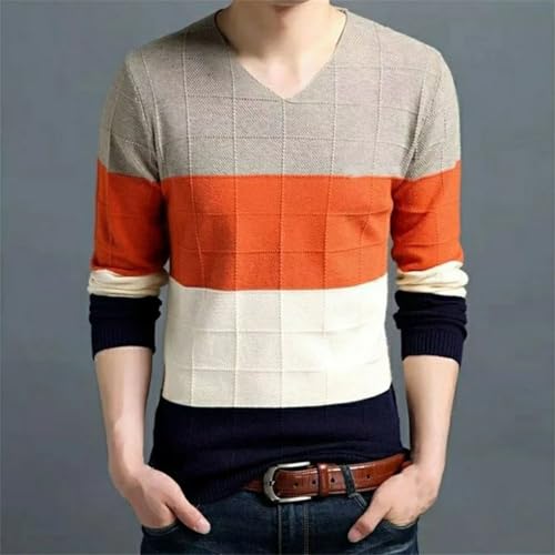Men Simple Casual Long Sleeve Sweater V-Neck Color Block Jacquards Loose Knit Pullover3