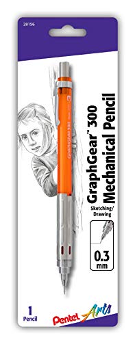 Pentel GraphGear 300 Mechanical Pencil, (0.3mm) Extra-fine line, Orange Barrel, w/small eraser + 1 refill lead (PG313TLEBP)