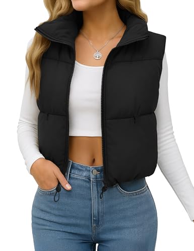 YUCOLEN Womens Crop Puffer Vest Lightweight Warm Outerwear with Fashion Stand Collar Zip Up Padded Cropped Jacket Coat Black