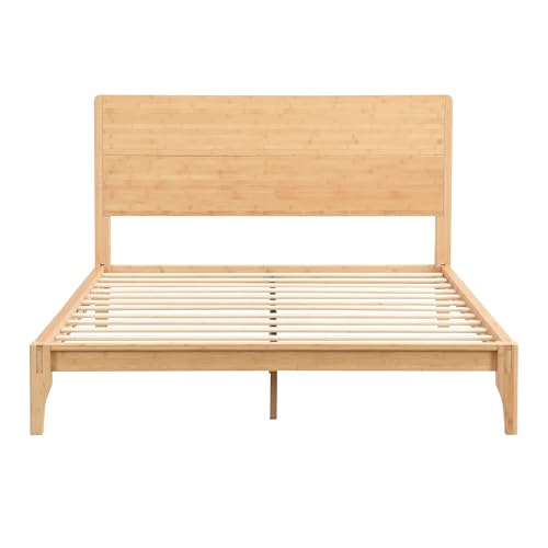 Image of Merax Queen Size Bamboo Platform Bed Frame with Tall Headboard, Natural | Mid-Century Modern Solid Sustainable Bedframe Queen-Size, Wood Slat Support, No Box Spring Needed, Easy Assembly, Noise Free