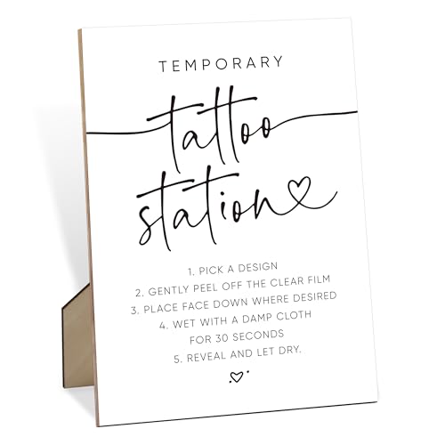 Temporary Tattoo Station Wedding Sign, Wedding Decorations for Reception, 8X11" Minimalist Wooden Sign with Stand, Wedding Centerpiece Table Decorations for Baby Shower Bridal Shower Engagement Party