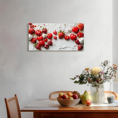 crmotu Fruit Large Wall Art, Still Life Kitchen Art Prints, Cream Cherry Strawberry Canvas Pictures, Cottagecore Oil Paintings Wall Decor Living Room Dining Room Rustic Farmhouse 20x40 Inch