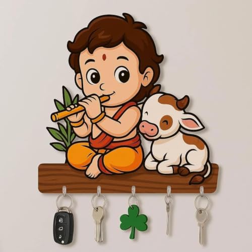 Image of CAPIO ART Krishna Key Holder for Wall | Wooden Key Stand with 5 Hooks | Bal Krishna with Cow Design Wall Decor | Key Hanger for Home Entrance, Living Room & Office|Wall Mounted Key Organizer| 8x7 Inch