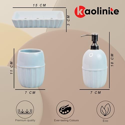 Image of Ceramic Bathroom Accessories Set for Utility and Bathroom Decor | Liquid Soap Dispenser, soap Tray, Toothbrush Holder (Exclusive Bathroom Set) (Sky Blue)