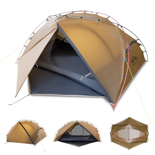 Night Cat Ultralight Backpacking Tent: Waterproof Lightweight Single People Camping Tent for Outdoor Hiking Trekking with Double Layers Aluminum Poles and Footprint 1 Person Khaki
