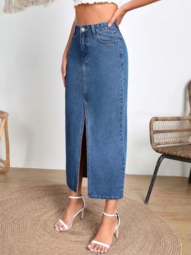 Image of Shasmi Women's Elegant Blue Solid High Waist Split Thigh Denim Maxi Skirt for Women's & Girl's (Skirt 180)