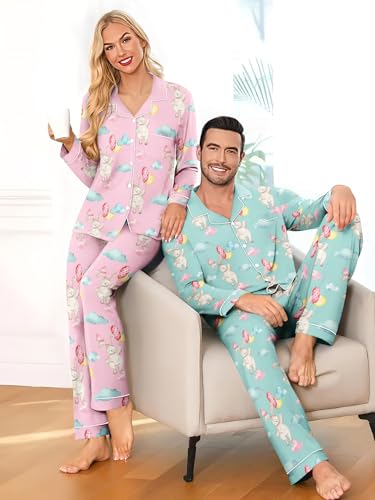 Couple Easter Day Pajamas Loungewear Sets Sleepwear Button-Down Pj Set Rabbit Eggs 2 Piece Pjs Loung Set with Pockets3