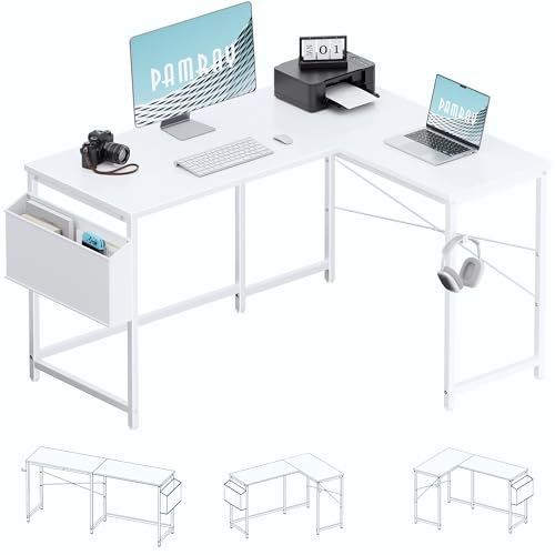 Image of Pamray 47 Inch Reversible L Shaped Gaming Desk Corner Computer Desk with Storage Bag Home Office Table for Writing Study White