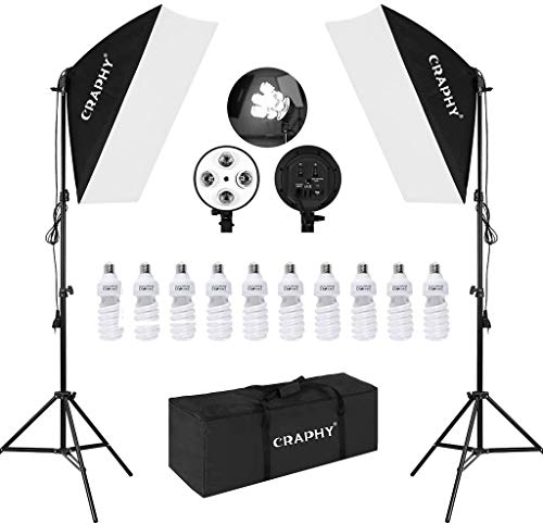 CRAPHY Pro Fotografía Kit de Iluminación de Luz, 2X Softbox 70×50cm, con Luz de 4-Cabezal E27 para Retratos de Estudio Fotográfico, Fotos de Productos y Videos