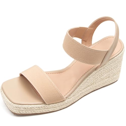Women's Open-Toe Platform Wedge Sandals Slip-On with Elastic Ankle Strap, Dressy Comfortable Espadrilles Summer Casual Shoes