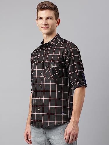 Image of Thomas Scott Men's Polyester Checkered Slim Fit Casual Shirt with Spread Collar and Long Sleeve (TS1045 Wood)