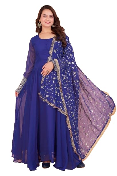 Women's Georgette Solid Ankle Length Anarkali Gown Set with Dupatta