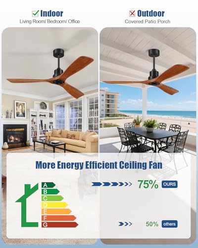 Image of Ceiling Fans With Remote Control, Outdoor Ceiling Fan for Patios Indoor, 3 Downrods, 3 Blades, Timer, 6 Speed Reversible Quiet DC Motor Modern Fan Solid Wood Fan, 60in, Brown