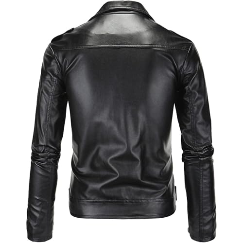 Maiyifu-GJ Men Faux Leather Motorcycle Jacket Asymmetric Zipper Slim Outwear Overcoat Retro Notched Lapel Pu Biker Coat (Black,XX-Large)2