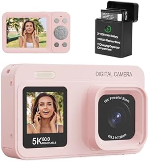 Upgraded 5K Dual Screen Digital Camera,80MP Vlog Photography Camera for YouTube,Campus,Travel,Compact Point & Shoot Camera for Teens & Beginners with Autofocus,18x Zoom,Anti-Shake,Pink