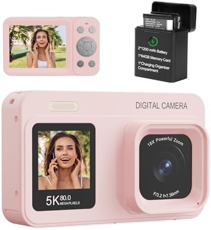 Upgraded 5K Dual Screen Digital Camera,80MP Vlog Photography Camera for YouTube,Campus,Travel,Compact Point & Shoot Camera for Teens & Beginners with Autofocus,18x Zoom,Anti-Shake,Pink