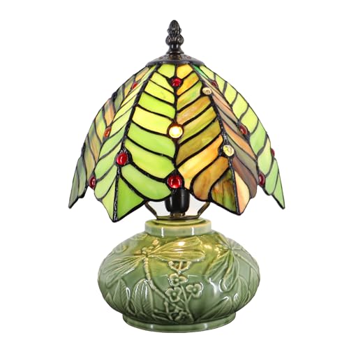 Tiffany-Style Stained Glass Mushroom Table Lamp (Brown Green Leaf, 8x11in)