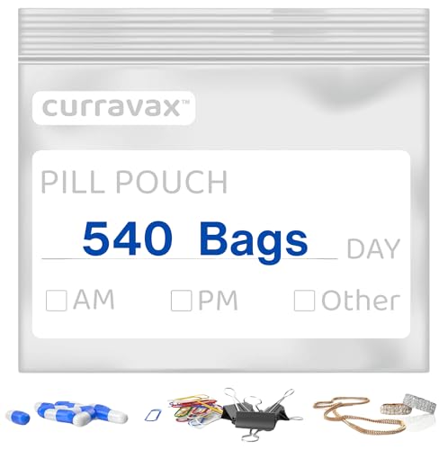 Pill Bags for Travel Pill Pouch Organizer Pack of 540 BPA Free 3 x 2.75 inch Pill Pouches for Medicine Reusable with Write on Label & Waterproof Zipper Seal AM PM Pill Baggies for Vitamins by CURRAVAX