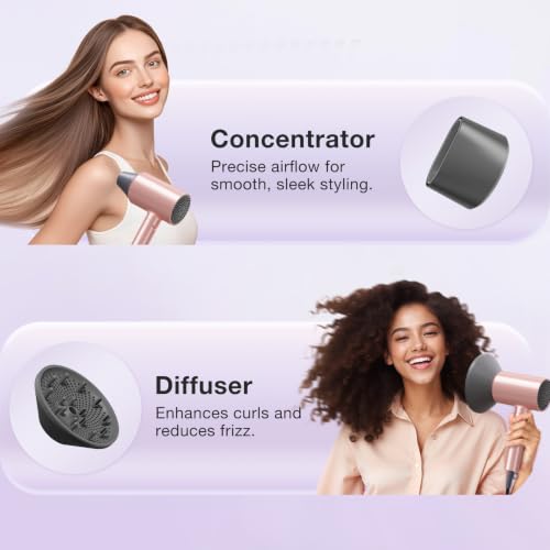 Image of BABONIR 1875W Diffuser Hair Dryer, Ionic Foldable Blow Dryer, Pink | Fast Drying Hair dryer for Curly & All Hair Types, 3 Heat & 2 Speed, Concentrator & Diffuser, Compact & Portable, Women