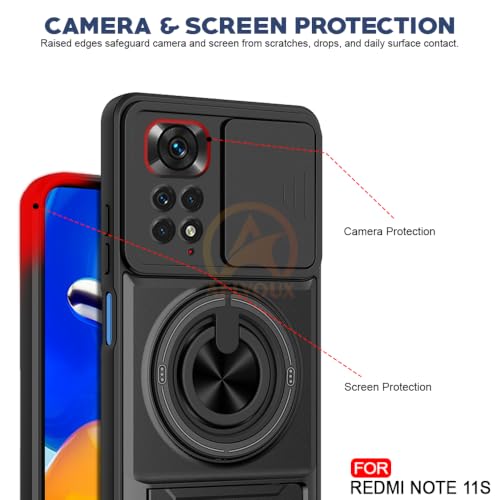 Image of Redmi Note 11 / 11s 4G Back Cover | Armor Camera Slider 360 Degree Rotating Finger Ring Holder Case with Bracket Stand Back Case Cover (Compatible with MagSafe Accessories) (Black)