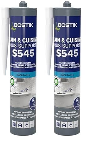 Bostik S545 – Mastic Silicone Bain et Cuisine – Jointe Tous Matériaux – Traité Anti-Moisissures – Conservation Longue Durée – Couleur : Blanc – Cartouche...