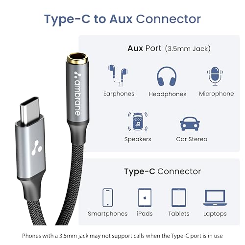 Image of Ambrane Type C to 3.5mm Audio Jack Converter with DAC Headphone Adapter, Connector Cable for iPhone 16 /15 Series, Samsung, OnePlus, Google Pixel, Laptops, Other Devices (AOTG-CX3, Black)