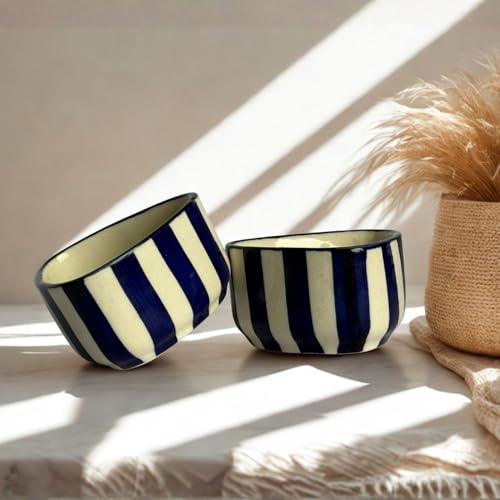 Image of Yourowndcor Handcrafted Blue Striped Ceramic Dip Bowls Set of 2 | Elegant Snack & Sauce Bowls | Microwave Safe, 50 ml Each