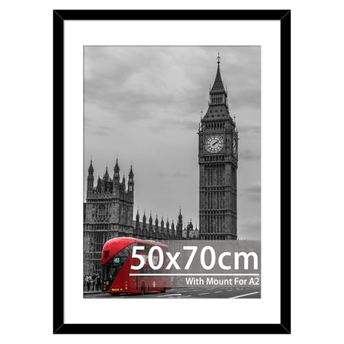 Tinkeps 50x70cm Black Frame - Engineered Wood and Plexiglass Picture Frames 50cm x 70cm with A2 Mount for Prints Photos and Posters Wall Mountable