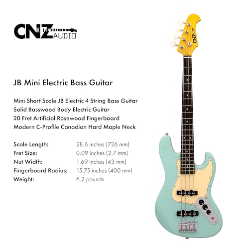 JB Mini Electric Bass Guitar - Black Body, Maple Neck, Rosewood Fingerboard & 3-Ply White Pickguard, 28.6" Short Scale Premium Pickups, Vintage Steel Bridge & Tuners - Pure Awesomeness