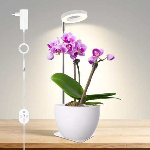 Luz para plantas de interior 12V, espectro completo mejorado 660nm, pequeña luz LED tipo halo con base para maceta, lámpara de cultivo con temporizador y regulación, 6W, 118 µmol/s/m²@15 cm